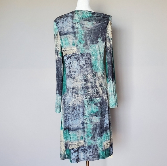 Piazza Sempione Abstract Green Long Sleeve Ruched Modest Designer Dress 42 EU - Picture 10 of 11